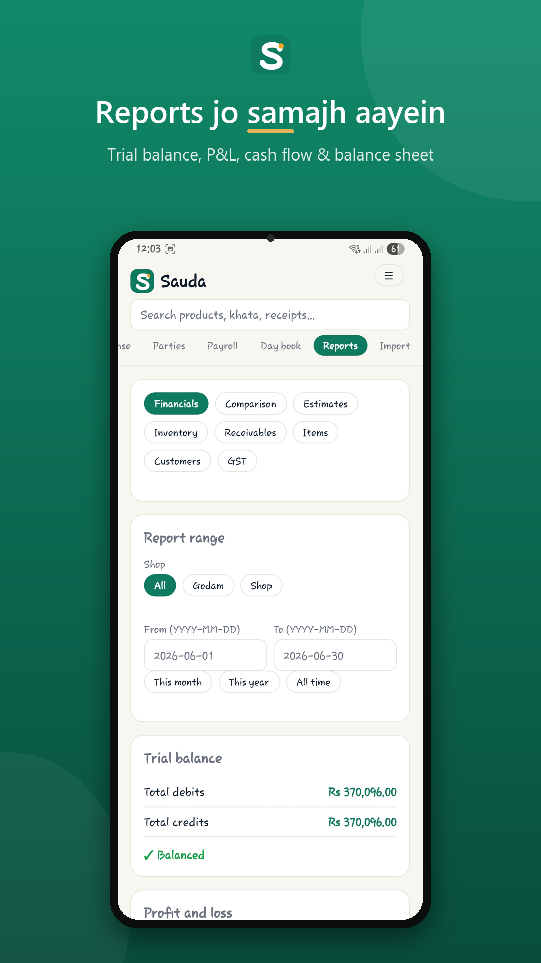 Sauda reports — daily sales, profit and top items.